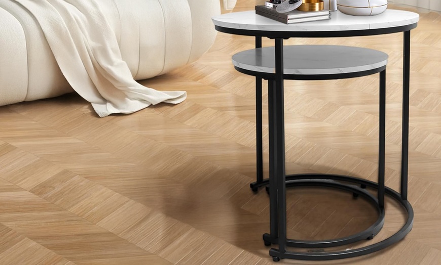 Image 6: Alivio Set of Two Round Metal Frame Coffee Tables with Wooden Top