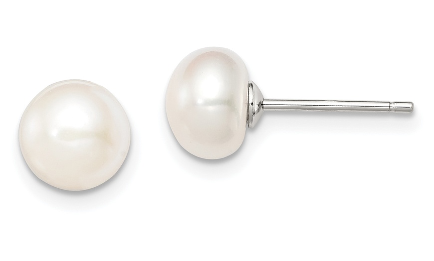 Image 1: White Gold Plated 10-11mm White Freshwater Cultured Round Pearl Stud Earrings