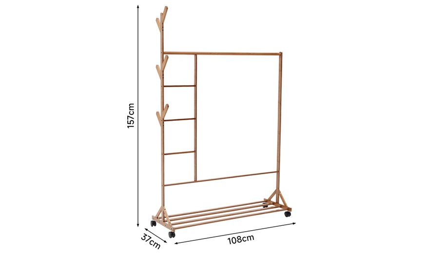 Image 2: Brown Bamboo Garment Rack with Wheels and  Bottom Shelf