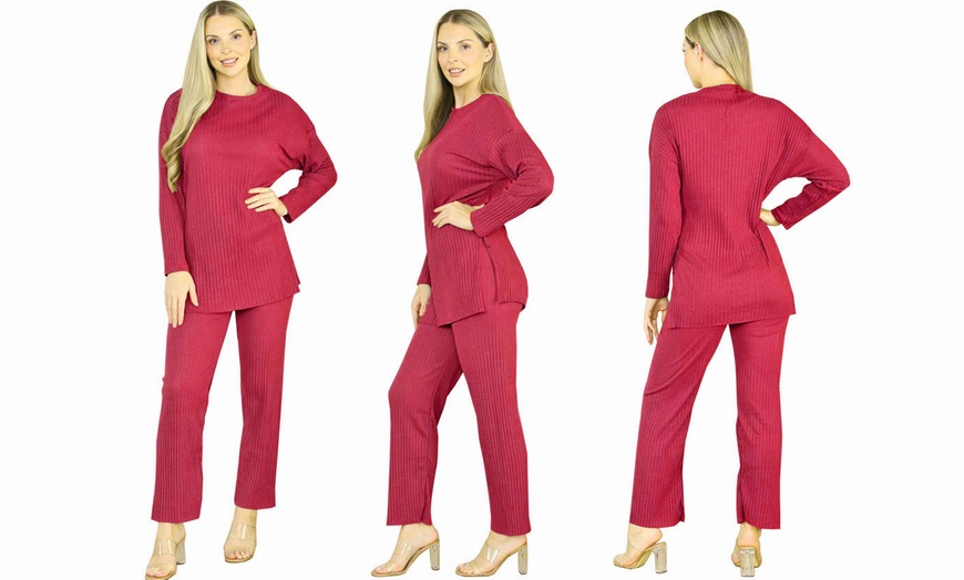 Image 11: Want Clothing Ribbed 2-Piece Wide Leg Loungewear Suit