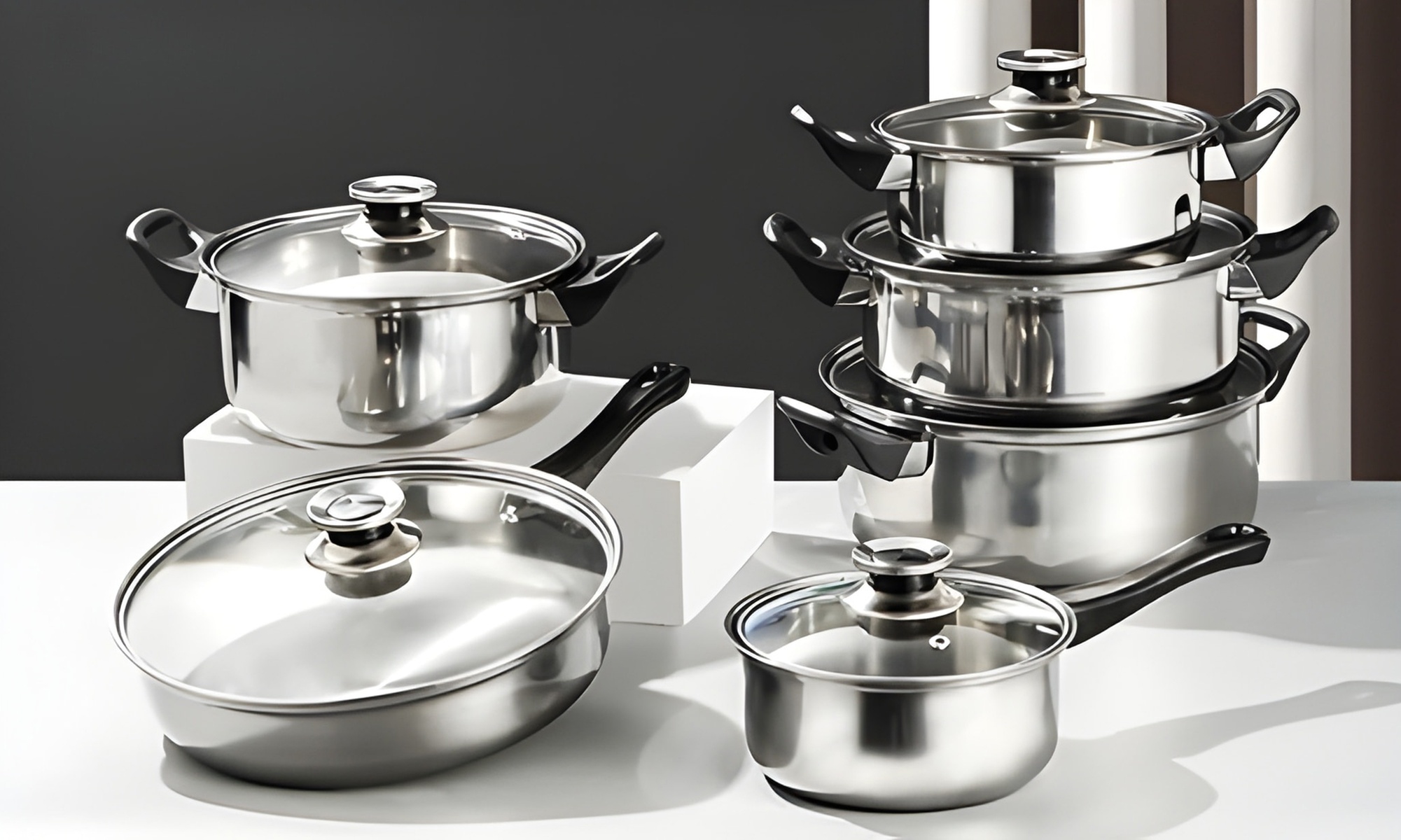 12-teiliger Edelstahl-Kochgeschirr-Set inkl. Glasdeckeln