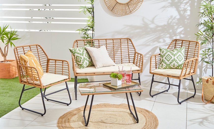 Image 1: Four-Piece Neo Wicker Bamboo Style Garden Sofa Table Chairs Set