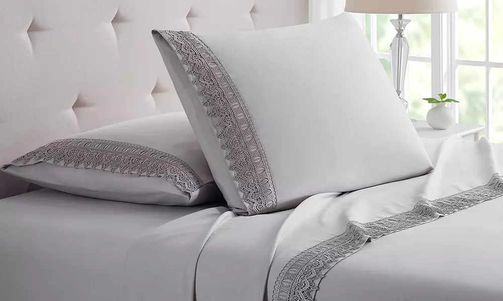 BambooComfort Four-Piece 1800 Thread Count Lace Crochet Deep Pocket Sheet Set  - Primary Image