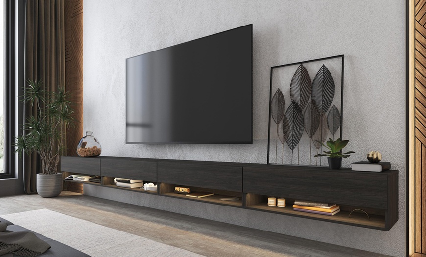 Image 8: Mueble de TV suspendido en pared con luces led y módulos con estantes