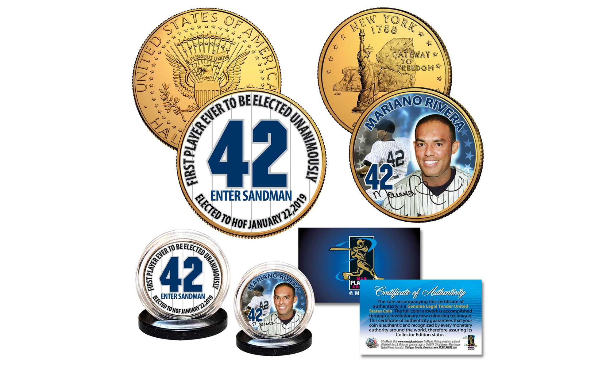 Mariano Rivera Hall of Fame 24K Gold Clad 2-Coin US Set NY QTR & JFK Half Dollar