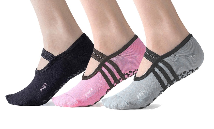 Image 5: 1-3 Pair Yoga Sock for Women Non-Slip Grips & Straps Dance Socks Pilates Socks 