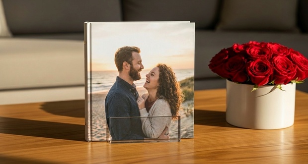 Open custom photo book displaying a family photo