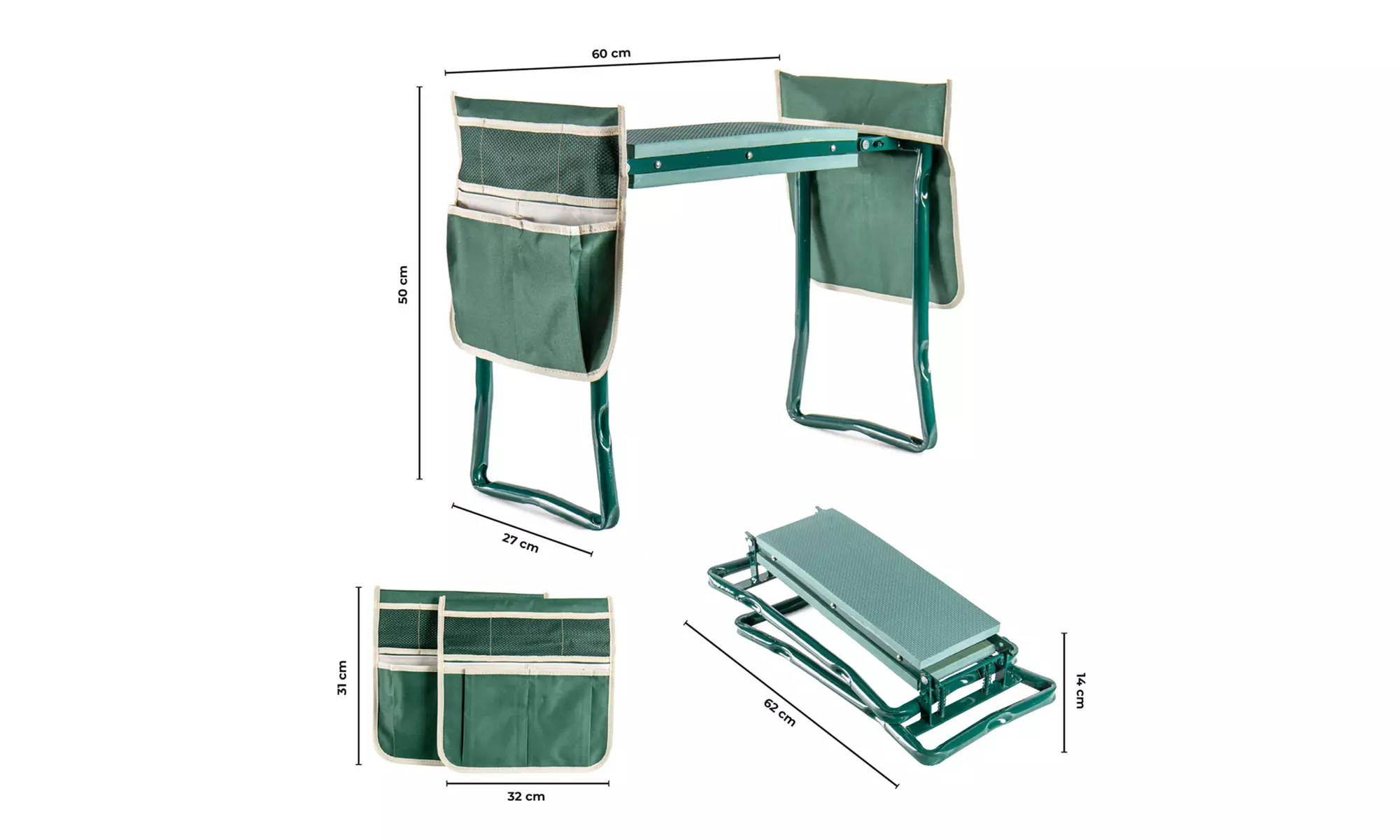 Banco de trabajo plegable para labores de jardinería con bolsillos