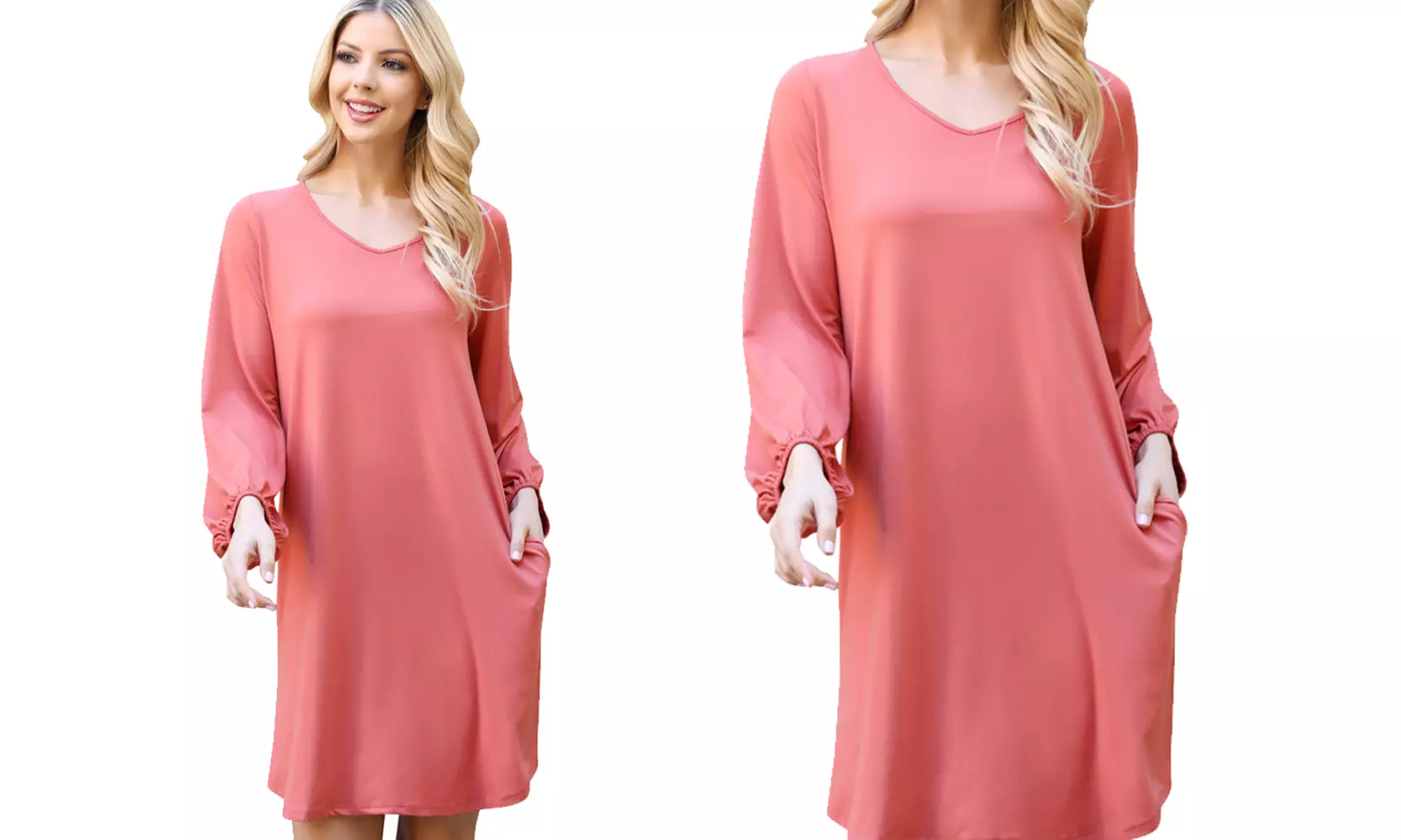 Riah Fashion Solid V-Neck Tunnel Long Sleeve Dress