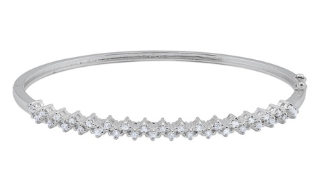 Fine Silver Plate Pave (2 1/8 cttw) Cubic Zirconia Hinge Bangle Bracelet 2 ct Round April Cubic Zirconia Cubic Zirconia