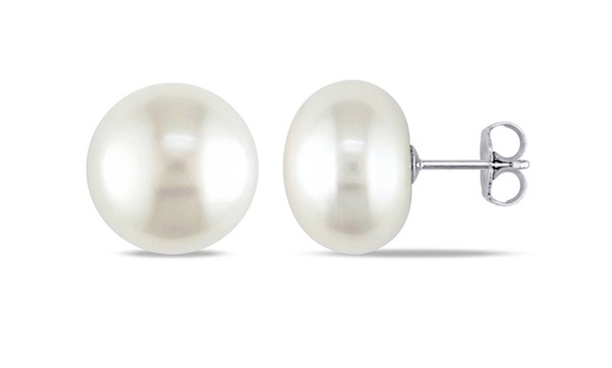 Image 1: 14k White Gold Plated 13-14 mm White Round Pearl Stud Earrings