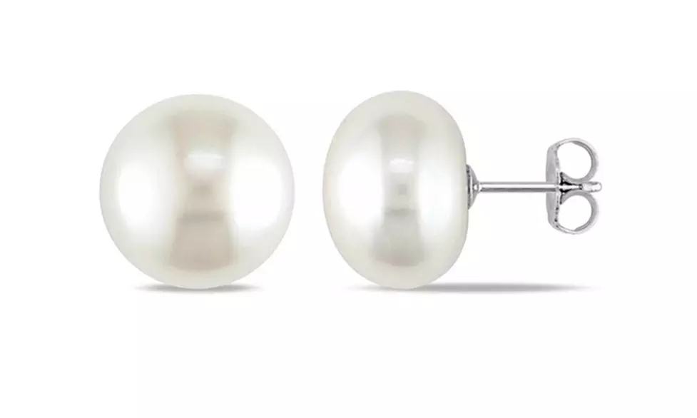 14k White Gold Plated 13-14 mm White Round Pearl Stud Earrings - Primary Image