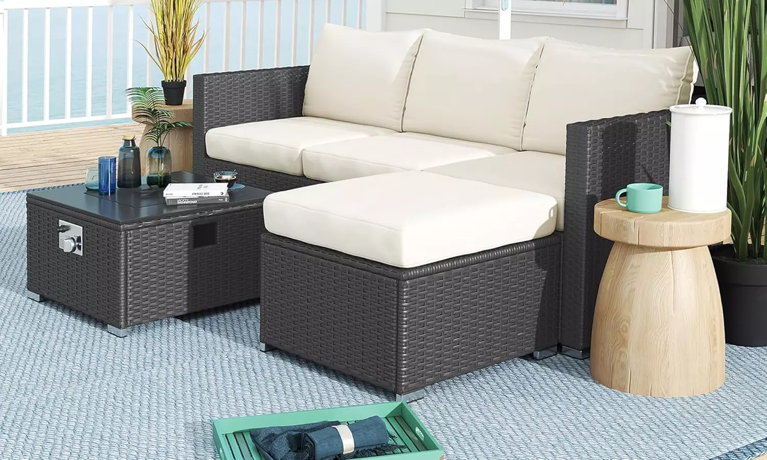 Outsunny Five-Piece Rattan-Effect Furniture Set with Fire Pit Table