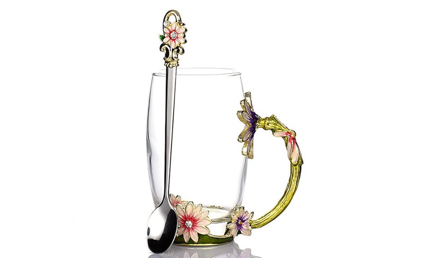 Image 4: Colourful Flower Glass Teacup with Spoon