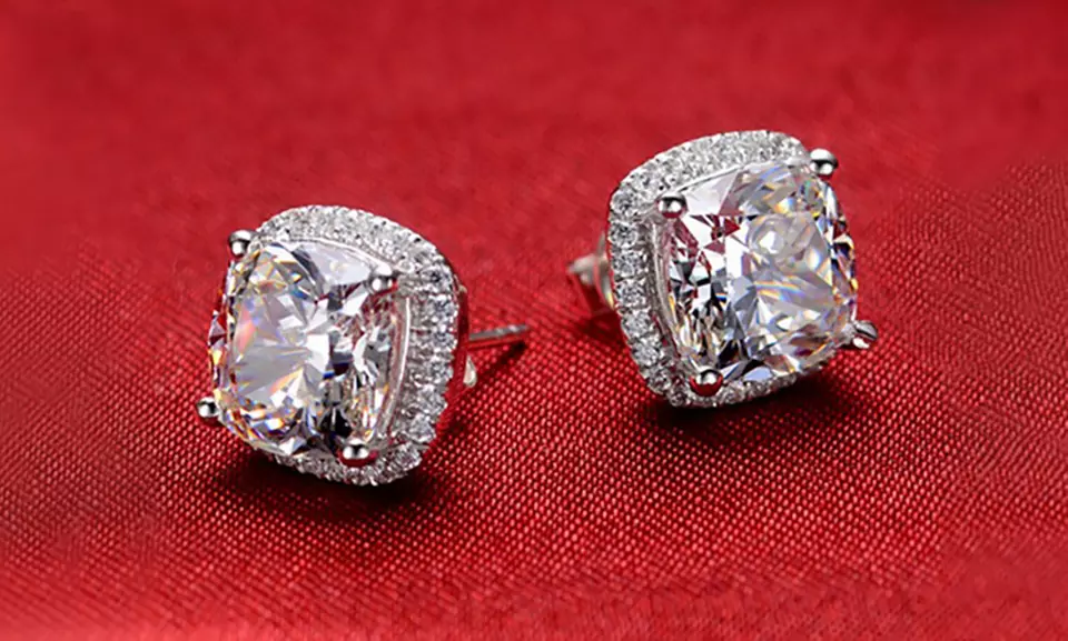 Sterling Silver Cubic Zirconia Cushion Cut Halo Studs