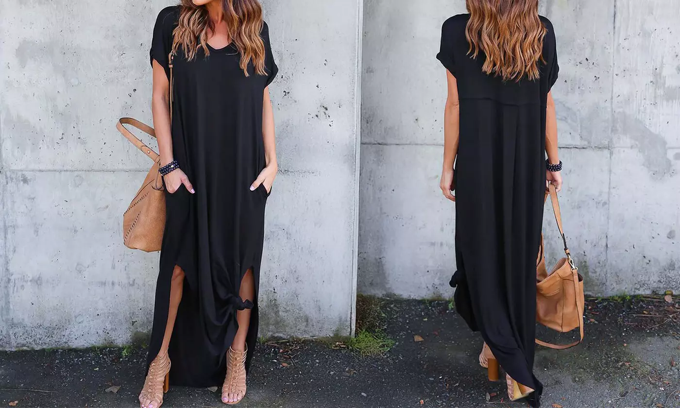Women Summer Beach Casual Sexy Split Maxi Shirt Dress Short Sleeve Long Dresses