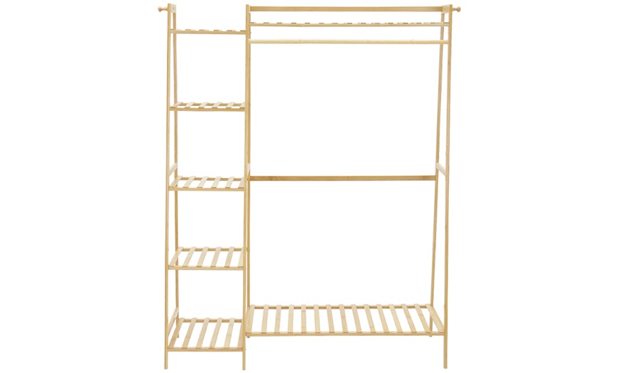 Image 2: Natural Bamboo Garment Rack with Shelves and Hanging Rod