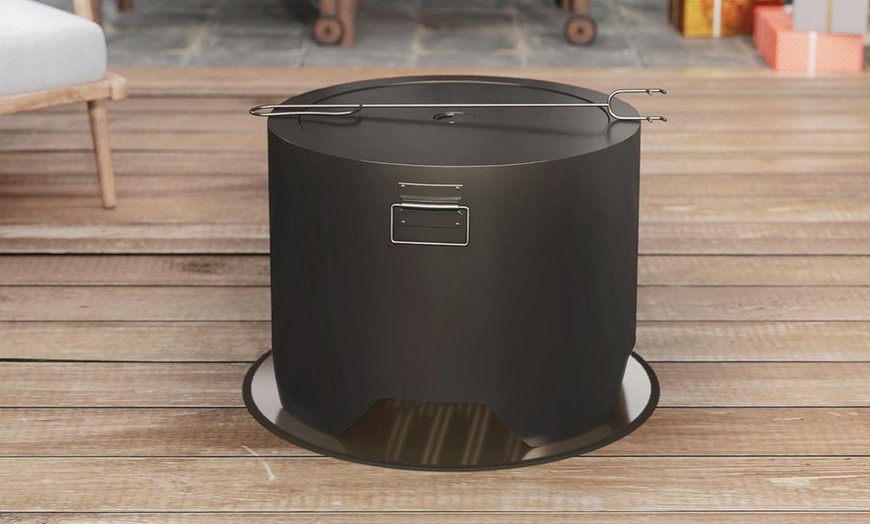 Image 1: Outsunny Outdoor Round Fire Pit with Lid and Poker