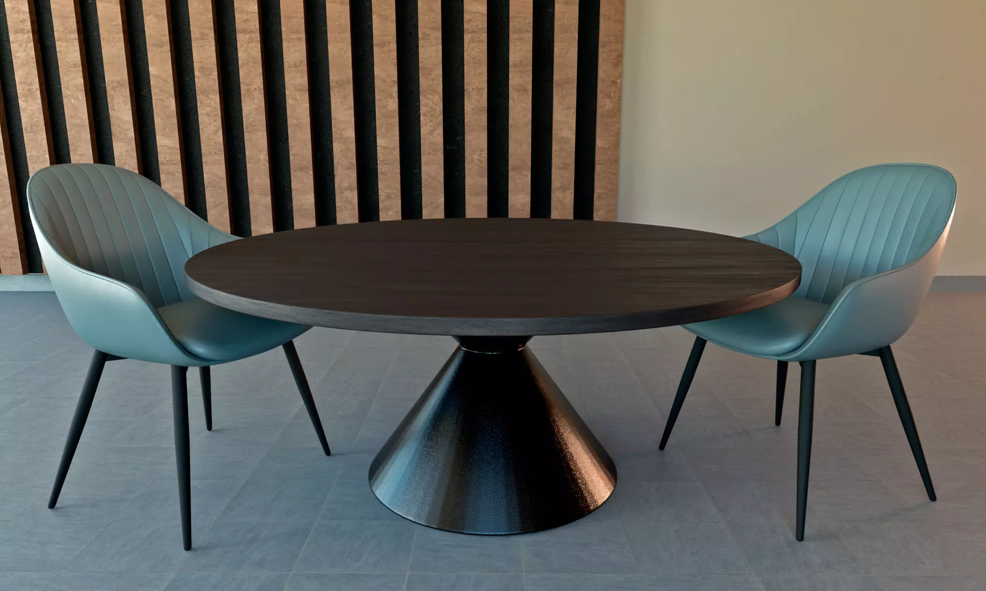 Tavolo rotondo con base a doppio cono