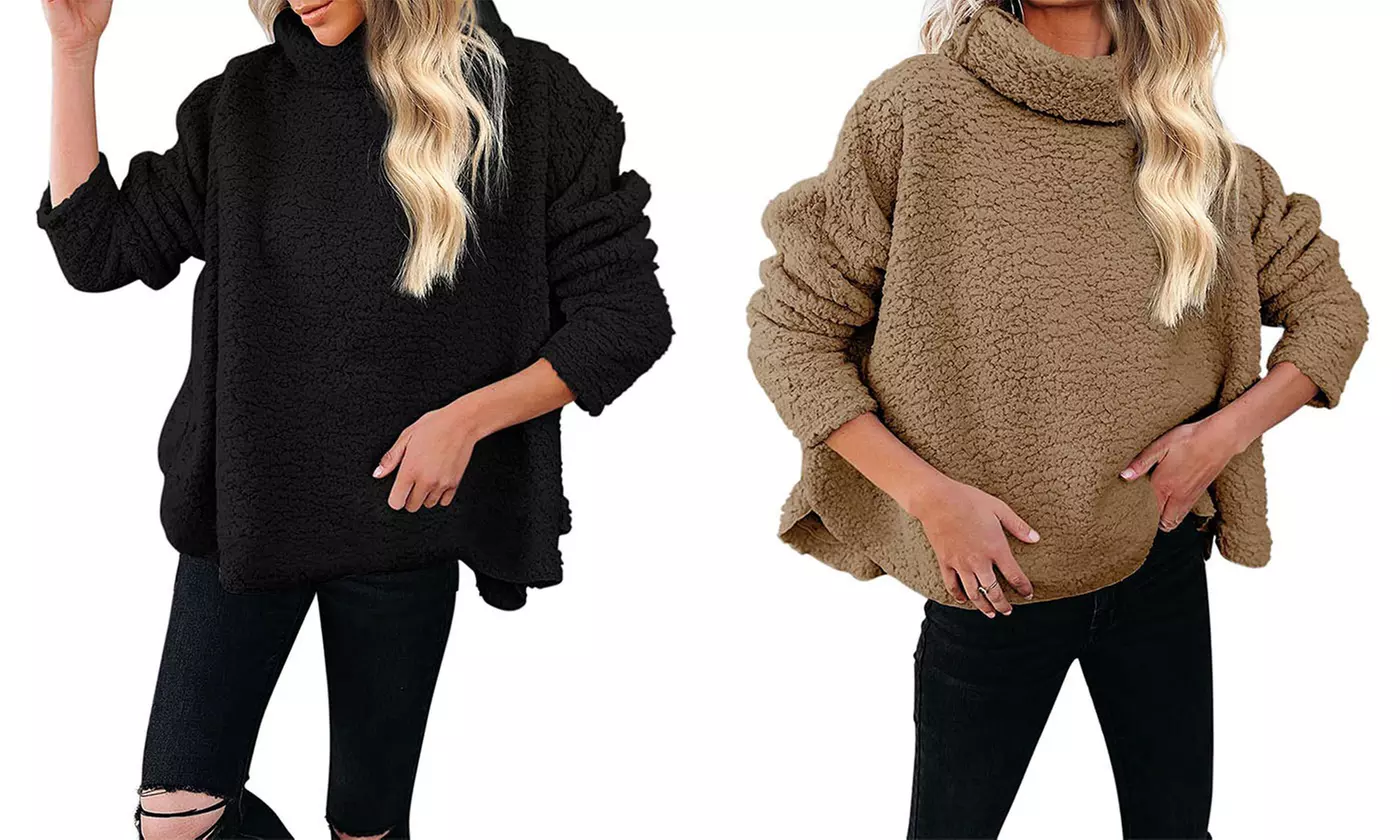 Women's Fuzzy Fleece Oversized Loose Turtleneck Sherpa