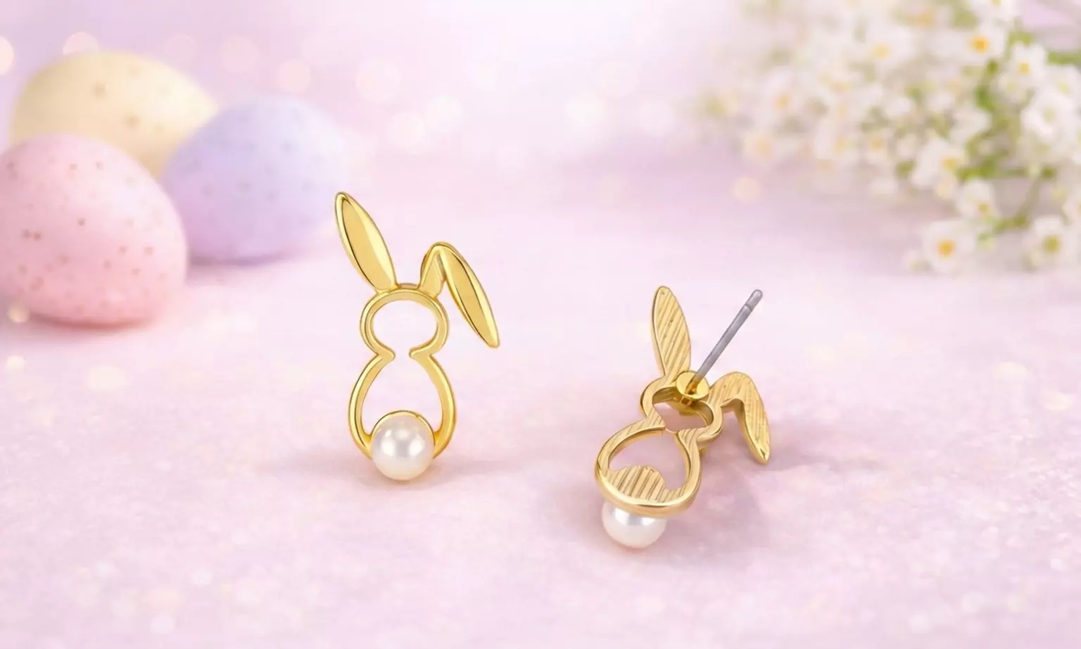 Gold-Tone Easter Bunny Pearl Stud Earrings
