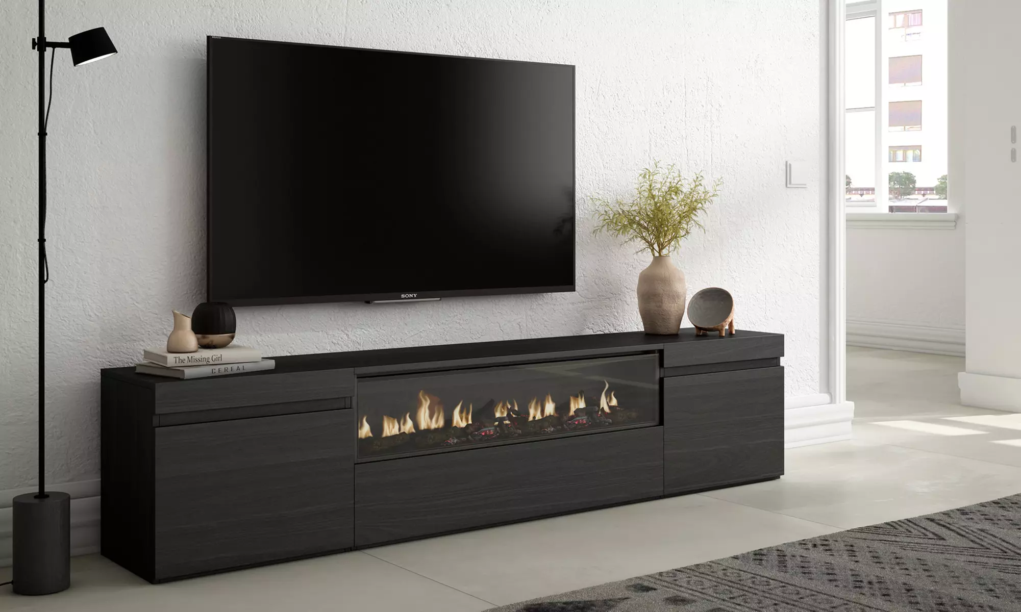 Mobile Porta TV Moderno (200cm) - Scegli tra Camino Elettrico 3D o Vano Extra