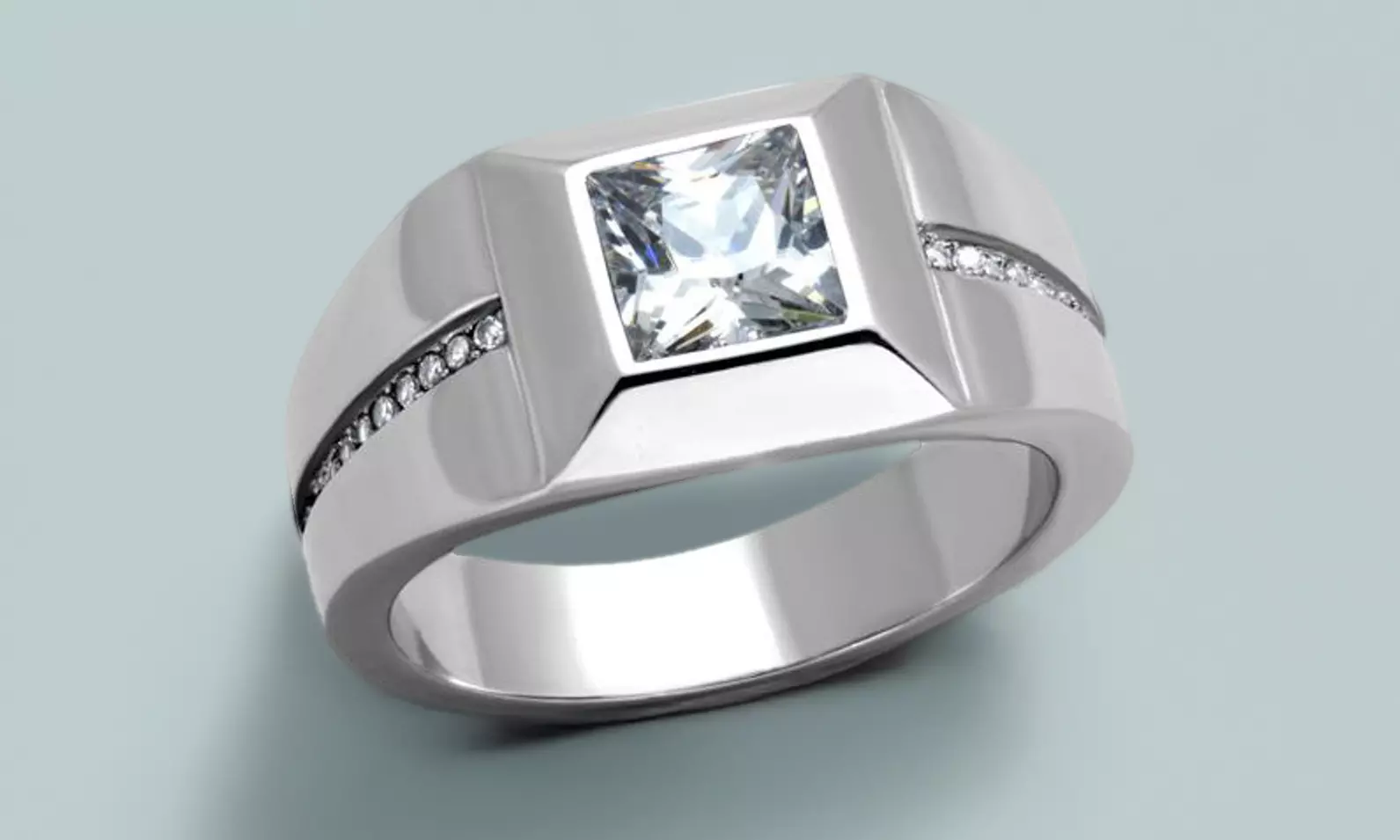 Mens Stainless Steel and Cushion Cut Cubic Zirconia Flush Setting Ring