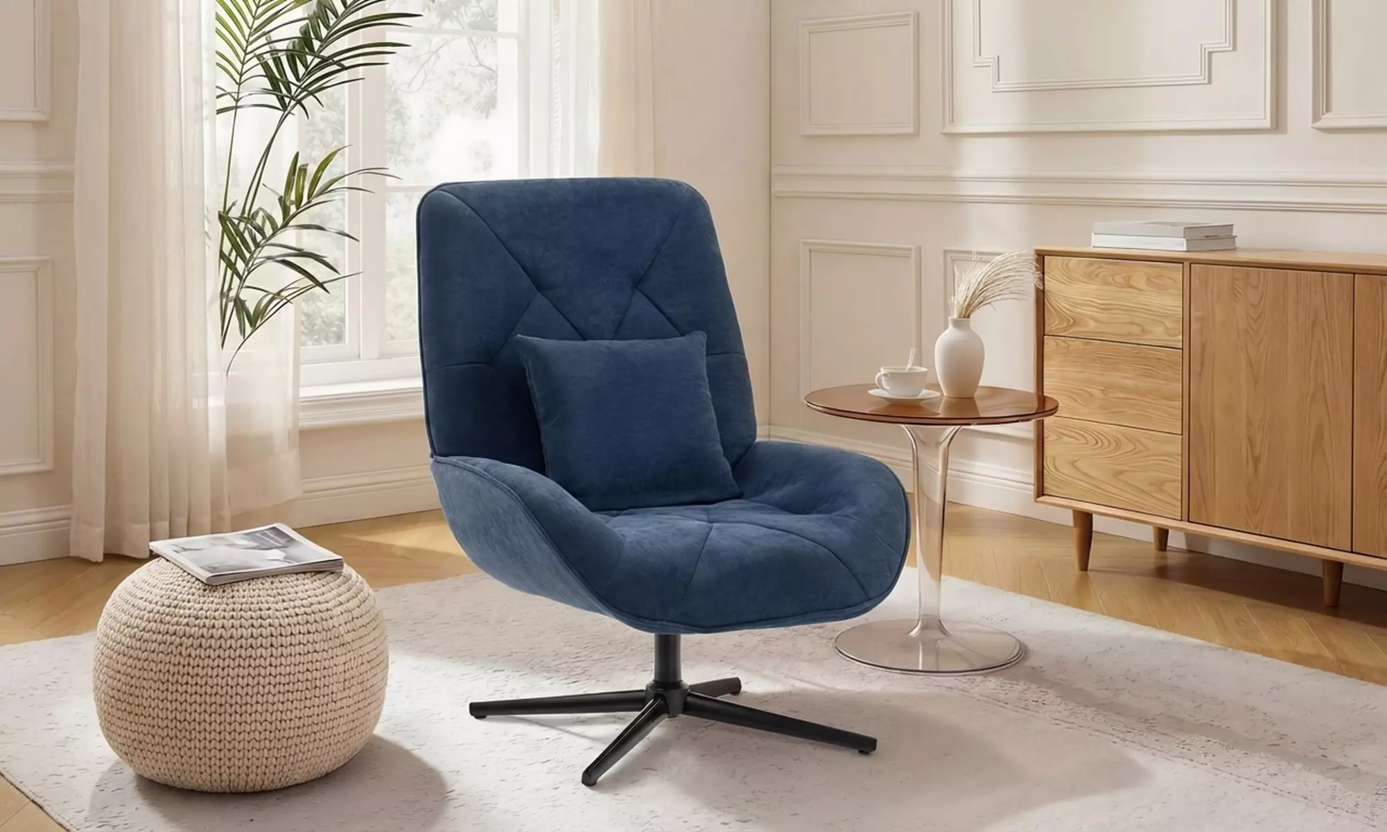 HOMCOM 360° Swivel Chenille Accent Chair with Lumbar Pillow
