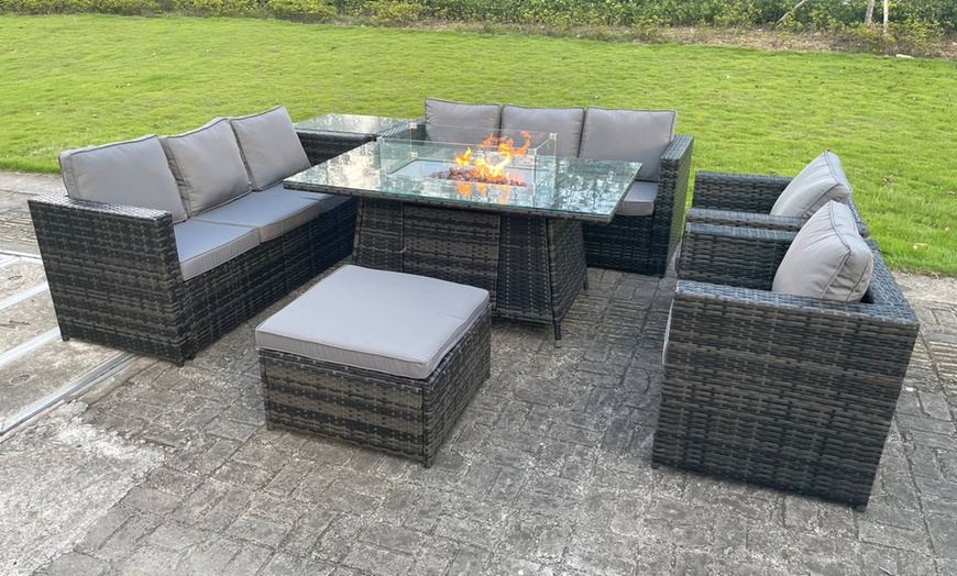 Image 1: Fimous 9-Seater Rattan-Effect Garden Furniture Set with Fire Pit Table