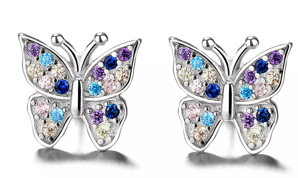 18K White Gold Multi-Colored  Genuine Crystal Butterfly Earring