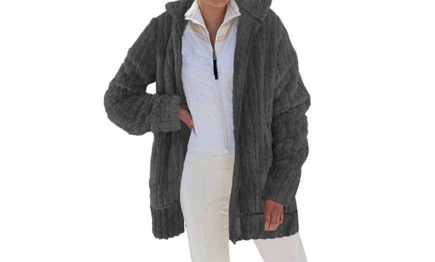 Image 7: Hooded Ribbed Fleece Casual Jacket