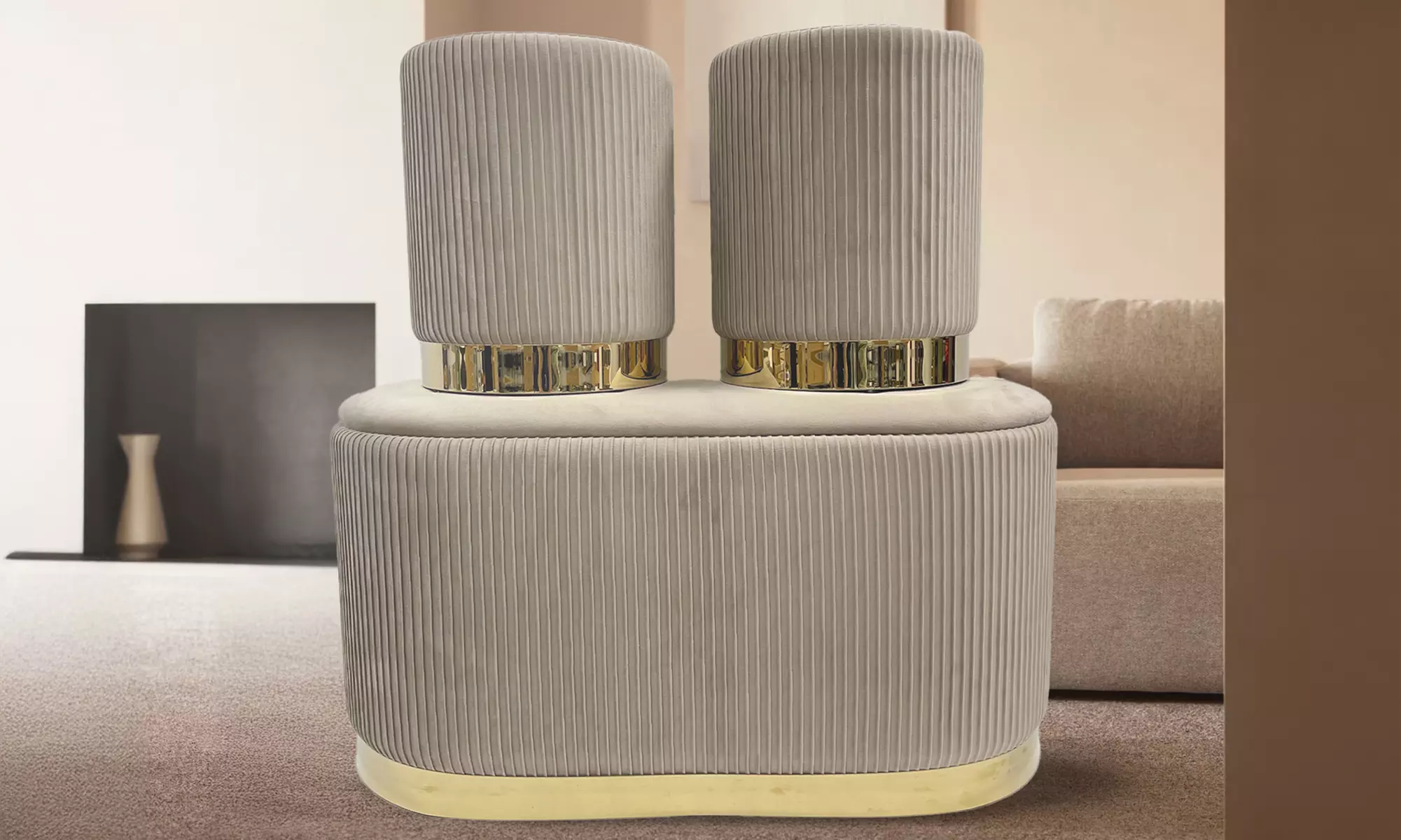 Lote de 3 pufs con tapizado de terciopelo: 2 pequeños y 1 grande con espacio de almacenamiento - Primary Image