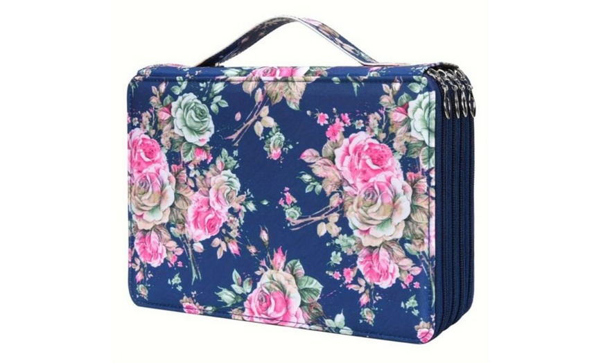 Image 2: Floral Oxford Fabric 3-Layer Art Brush Storage Case