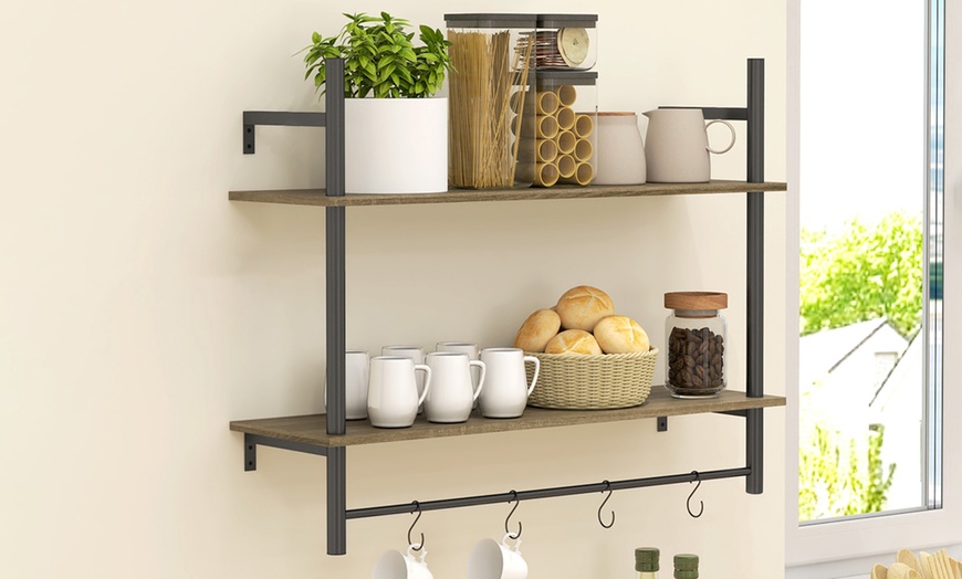 Image 4: HomCom Wall Shelf Unit with Four Hooks for Living Room, Entryway