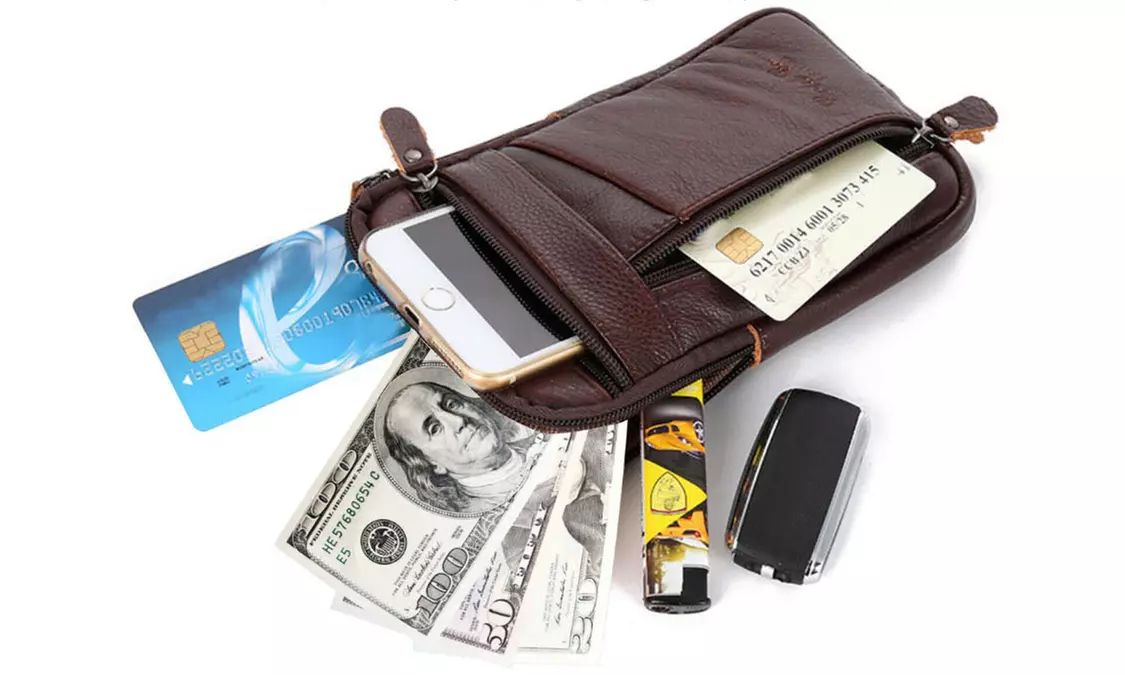 Mens Leather Phone Pouch Belt Bag Crossbody Waist Pack