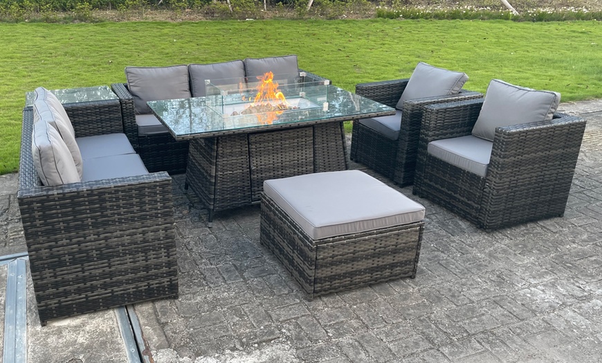 Image 2: Fimous 9-Seater Rattan-Effect Garden Furniture Set with Fire Pit Table
