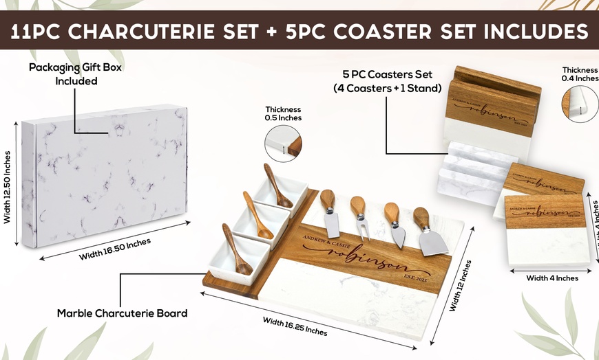 Image 15: 11pc Custom Marble Charcuterie Board + 5pc Coaster Set