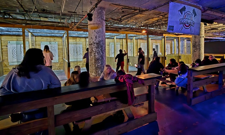 Image 1: Experience 1 or 2 Hr Axe Throwing for Up To 4 or 6 Guests & More Games
