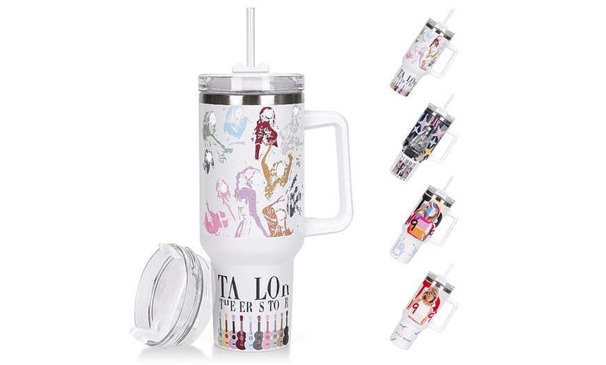 Image 1: Taylor Swift Themed 40oz Stainless Steel Travel Mug