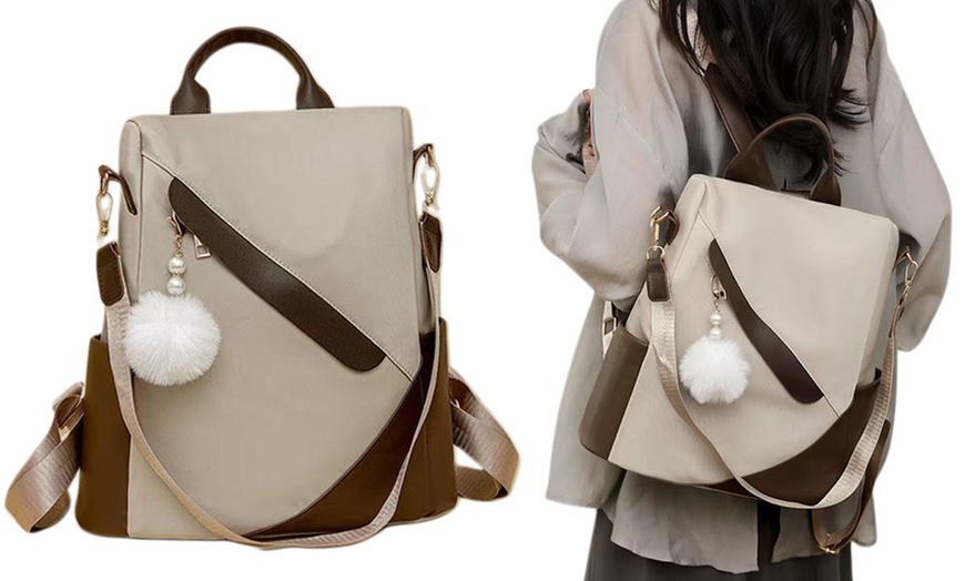 Image 5: Anti-Theft Backpack, Water-Resistant with Removable Pom Pom Charm