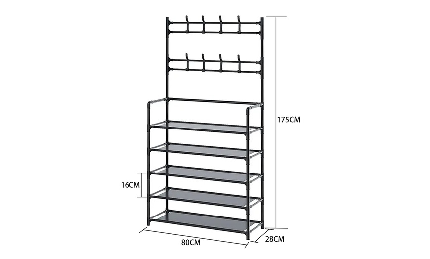Image 10: Multi-Tier Metal Shoe Rack with Coat Hooks 