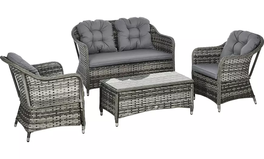 Image 4: Four-Piece Outsunny Rattan-Effect Wicker Sofa Set