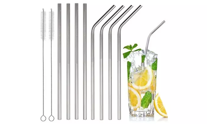 Stainless Steel Drinking Straws, Bent or Straight, With Brush (4 or 8-pack)
