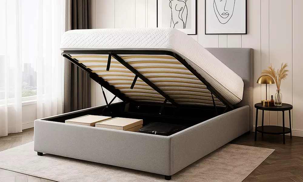 Lit coffre ''Colisée'' tissu, avec grand espace de rangement, matelas en option, Sampur, livraison offerte - Primary Image