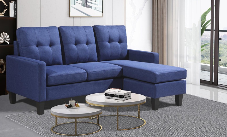 Image 10: Reversible Velvet L-Shaped Sectional Sofa with Ottoman Corner Couch