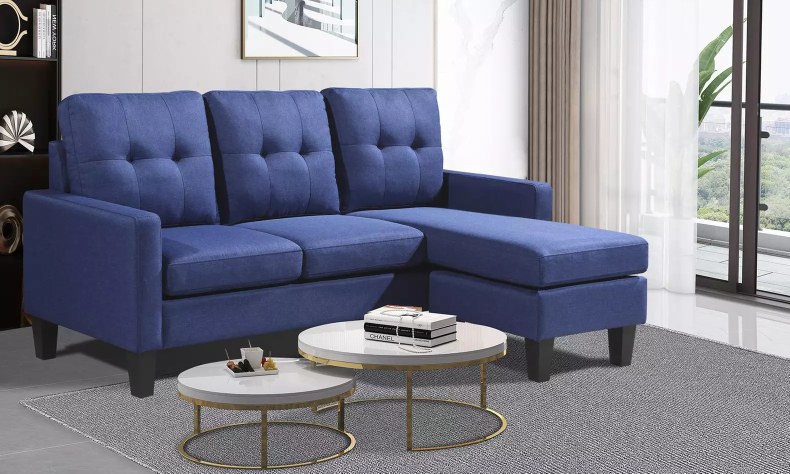 Reversible Velvet L-Shaped Sectional Sofa with Ottoman Corner Couch