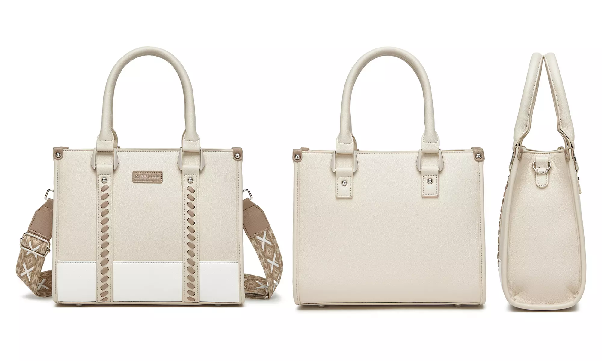 Miss Lulu PU Leather Graceful Spacious Tote Bag with Woven Trim Strap