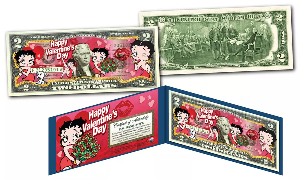 Happy Valentine's Day Betty Boop Genuine Legal Tender U.S. Two-Dollar Bill - Primary Image