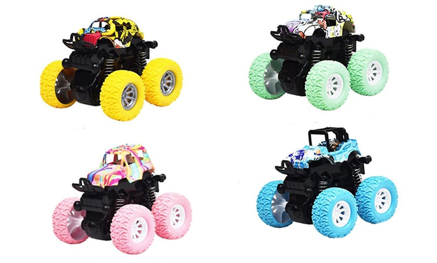 Image 2: 4-Pack 360° Rotating Mini Off-Road Pull-Back Cars for Kids