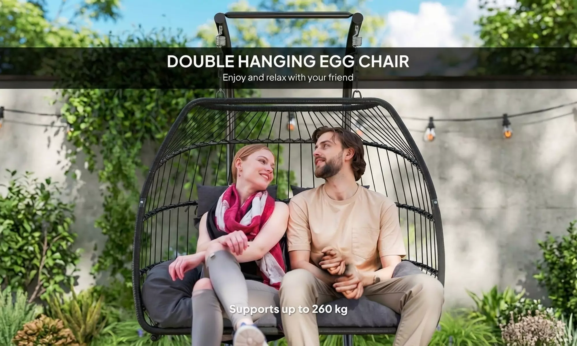 Outsunny Double Egg Rattan-Effect Swing Chair in Dark Grey